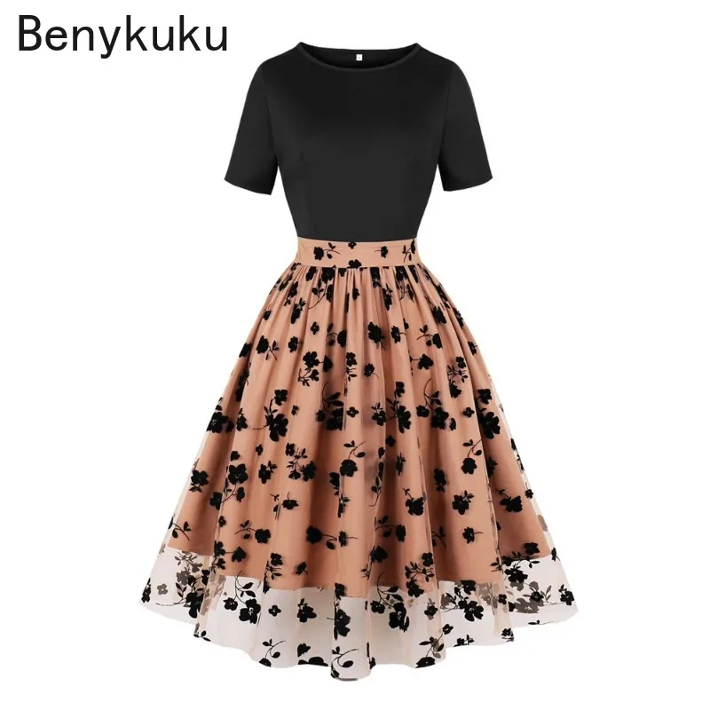 

Floral Mesh Black Patchwork Vintage Dresses for Women 2024 O Neck Short Sleeve Pleated Party Dresses Summer Outfit Woman Clothes