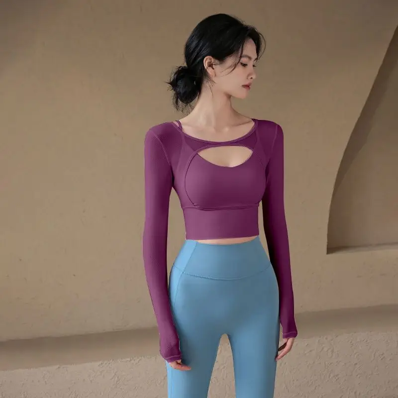 American Sle Yoga Clothes Long Sve T-irt Women Sexy Hollow out Me Splice Sports Fitn Top with Chest Pad