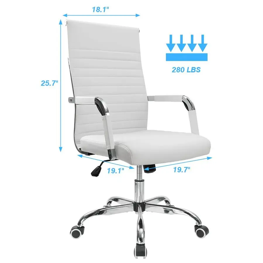 Ribbed Office Desk Chair MidBack PU Leather Executive Conference Task Chair Adjustable Swivel Chair with Arms White