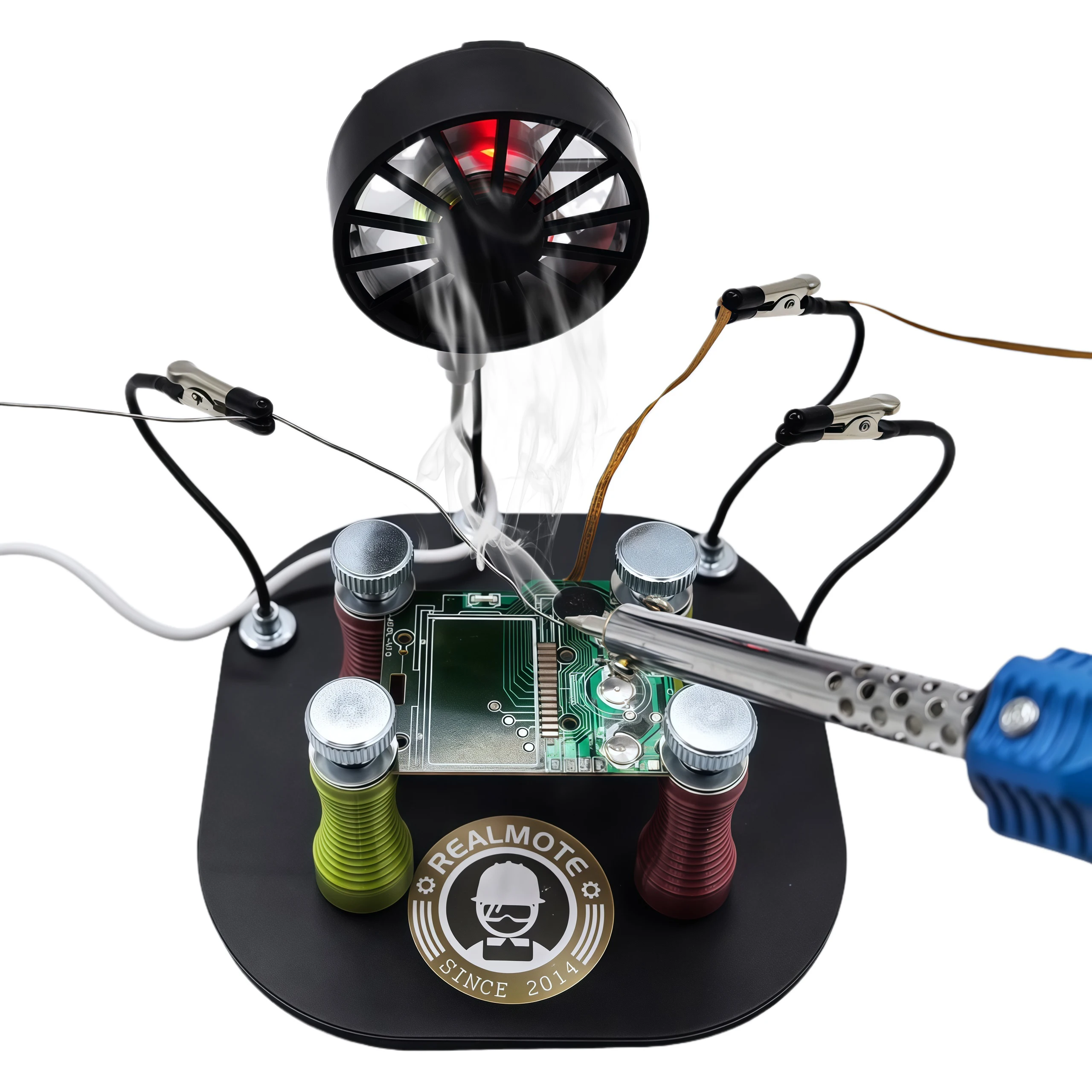 

Adjustable PCB Holder Electronics Repair Soldering Workstation – 4 Magnetic Posts, 4 Bendable Clips, RGB Smoke Absorber Fan