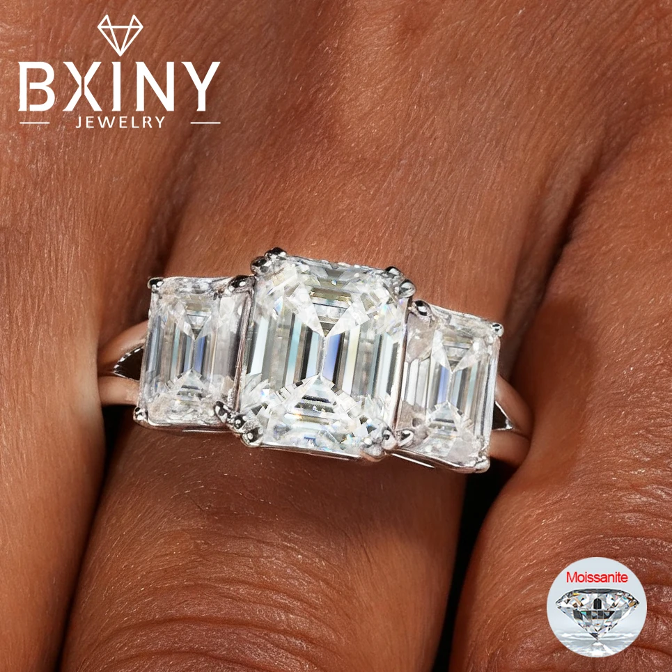 BXINY-anillos de moissanita con corte de Esmeralda de 3 piedras, diamantes de laboratorio certificados de plata S925 para mujeres y hombres, anillo de boda, certificado de joyería