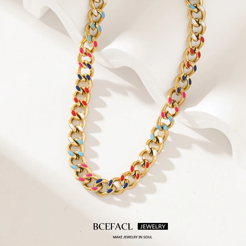 BCEFACL 316L Stainless Steel Colorful Thick Cuban Chain Necklace For Women Fashion Waterproof Choker Neck Jewelry Holiday Gift