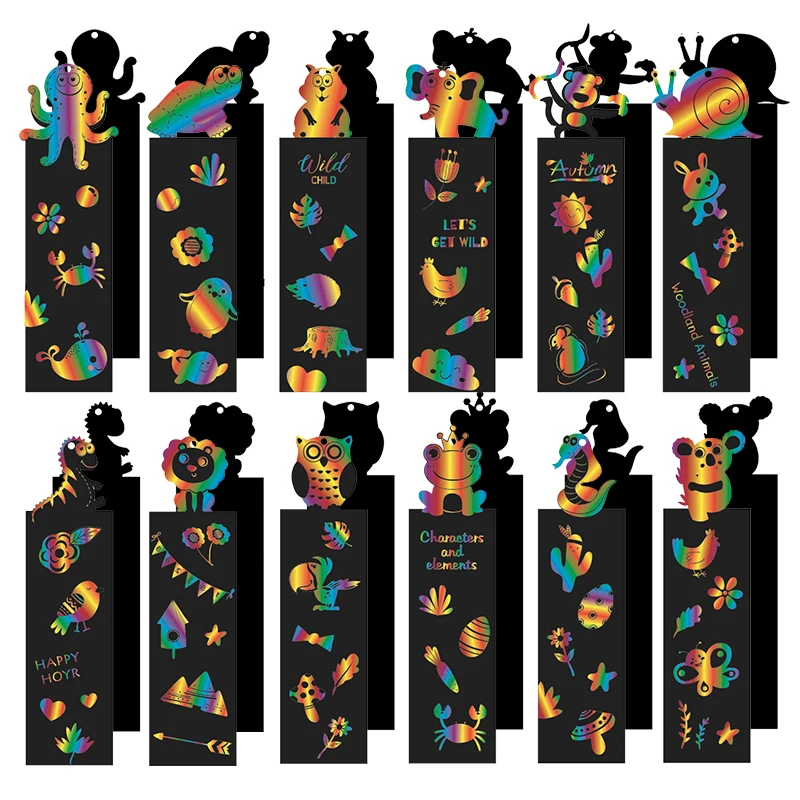 Random Mix Styles 12PCS Magic Scratching Bookmark Colorful Scratch Paper DIY Stationery Festival Party Favors Game Prop Gift ZYF