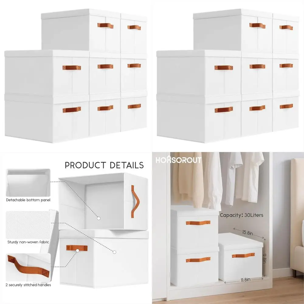 

Складные тканевые корзины для хранения с крышками - набор из 8 больших кубических органайзеров для одежды, дома, офиса, общежитий, белые