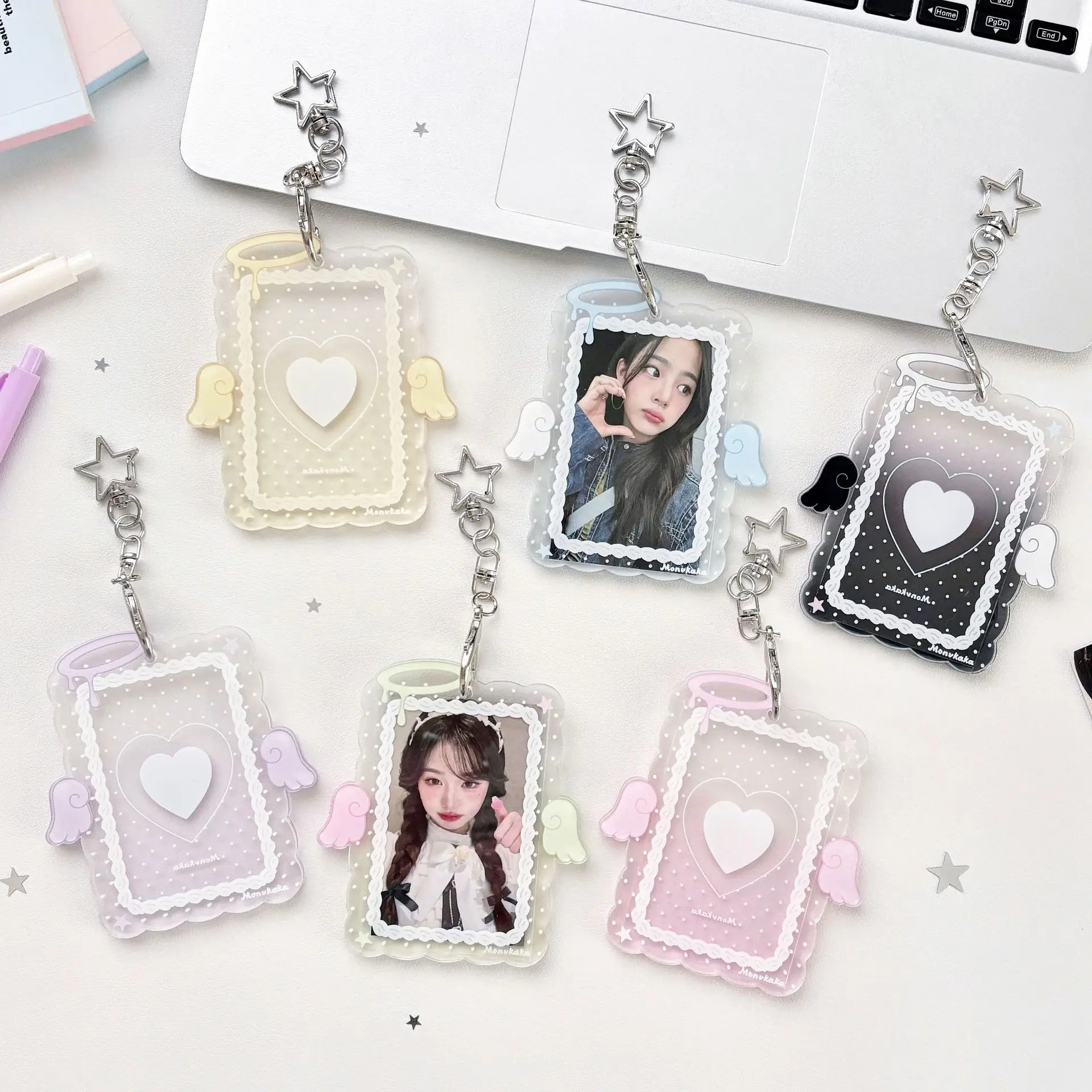 MINKYS 3 inch Transparent Clear Acrylic Angel Wings Kpop Photocard Holder Photo Card Holder Bag Pendant School Stationery