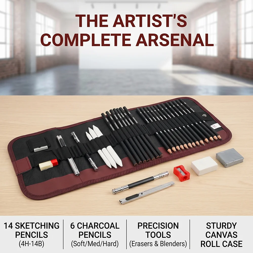 29/44/60/70/126 PCS Pro Drawing Kit, Complete Sketching Set Featuring Charcoal Sticks, Sketch Pencils & Essential Art Tools, Ideal for Shading, Portrait Drawing & Art Projects