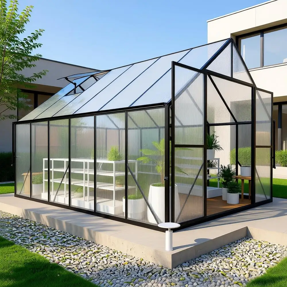 

8x12 Large Walk-In Polycarbonate Greenhouse with Adjustable Roof Vent and Rain Gutter for Outdoor Gardening