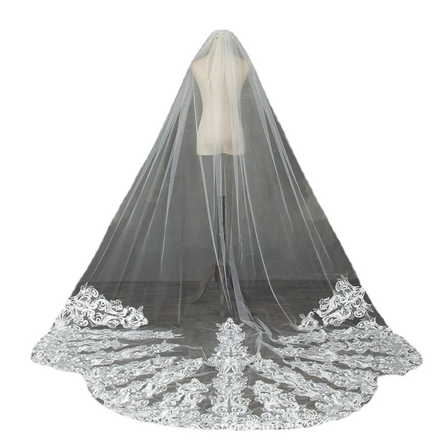 أنيقة الأبيض العاج كاتدرائية الحجاب الزفاف الدانتيل يزين Mariage العروس اكسسوارات الزفاف الحجاب الزفاف Mantilla de novia velo