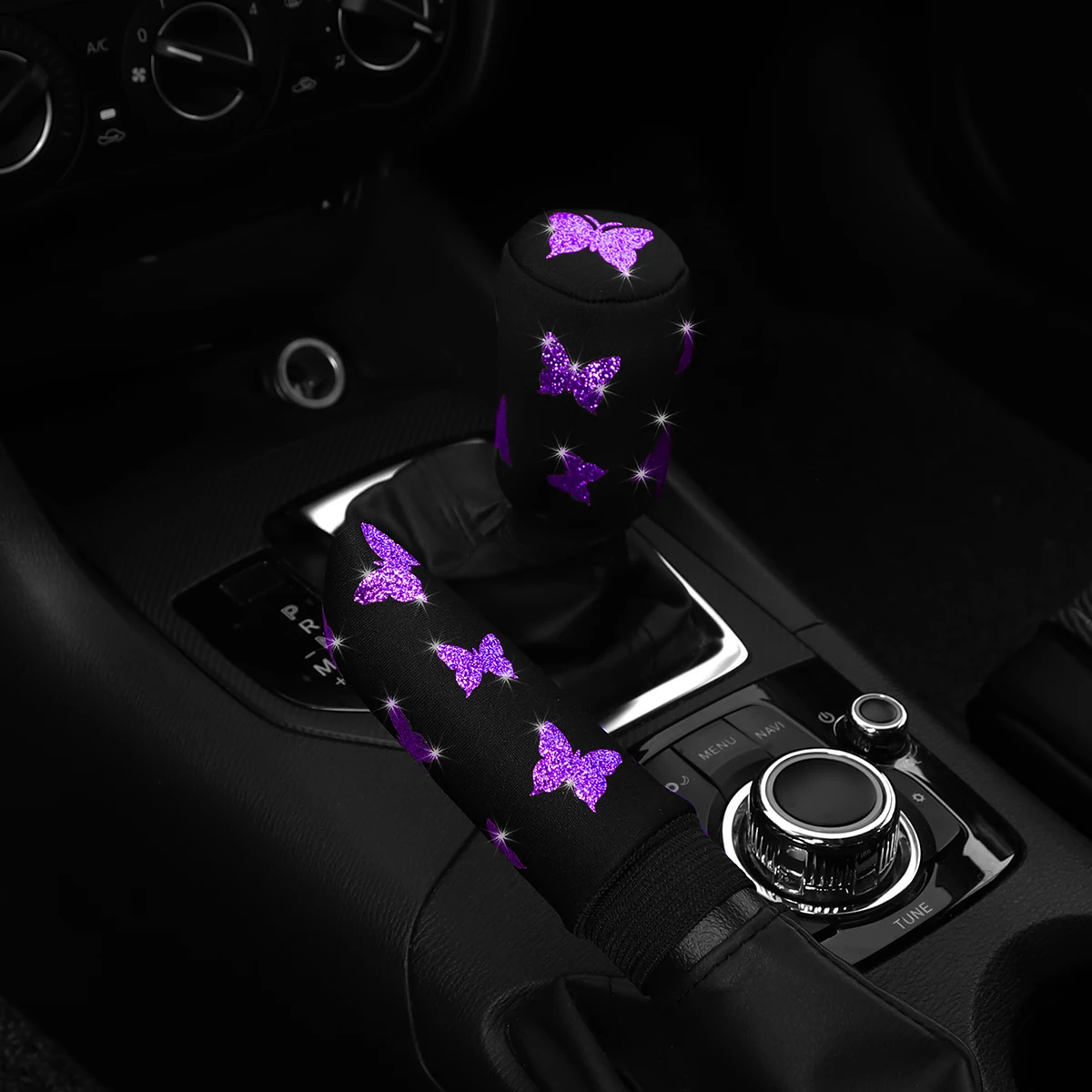 2PCS Gold-Embossed Butterfly Fabric Car Handbrake Lever Covers Shiny Blingbling Universal for Manual Transmission Cars