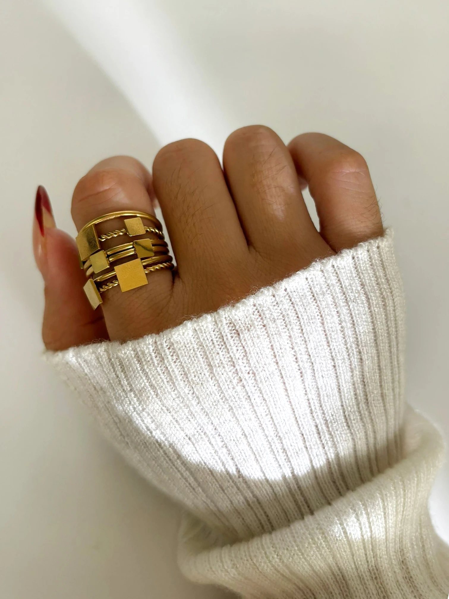 Peri\'sBox Detachable 6pcs Gold Plated Geometric Round Square Finger Rings for Women Men Unique Stainless Steel Stackable Jewelry