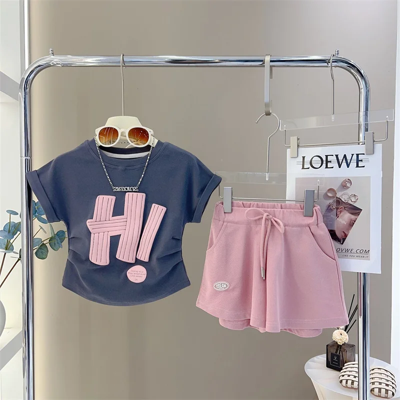 

Girls Summer Sports Sets Children Trends Top+Shorts 2Pcs Outfits New Kids Short Sleeves Fashion Suit Teenager Letter Clothes