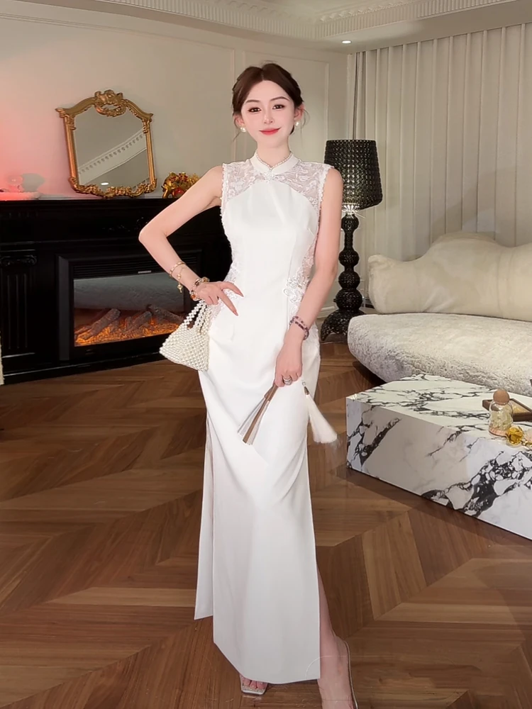 

Xiao Xiao Yu Qing Qing White Jade Embroidered Lace Dr Slit Waist Cinched A-Line Skirt Sle Summer Casual Women's Dr