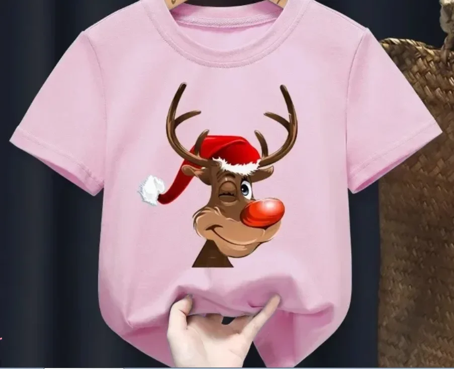 Summer New Deer Merry Christmas Red Kid T-shirts Cotton Children Baby Red Harajuku Clothes Boy Girl Tops Gift