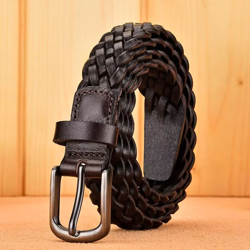 2023 Women Casual Luxury New Style Width 2.5cm  Woven Belt Needle Buckle Real Leather Head Layer Cowhide Handmade Decorative
