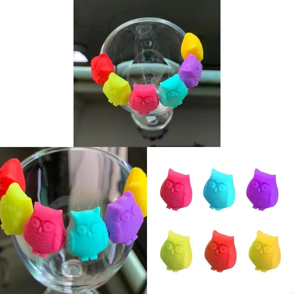 L43A Red Wine Glass Markers Set of 6 Owl Silicone Drink Glass Charms Tags Identification Cup Labels Signs for Party Bar