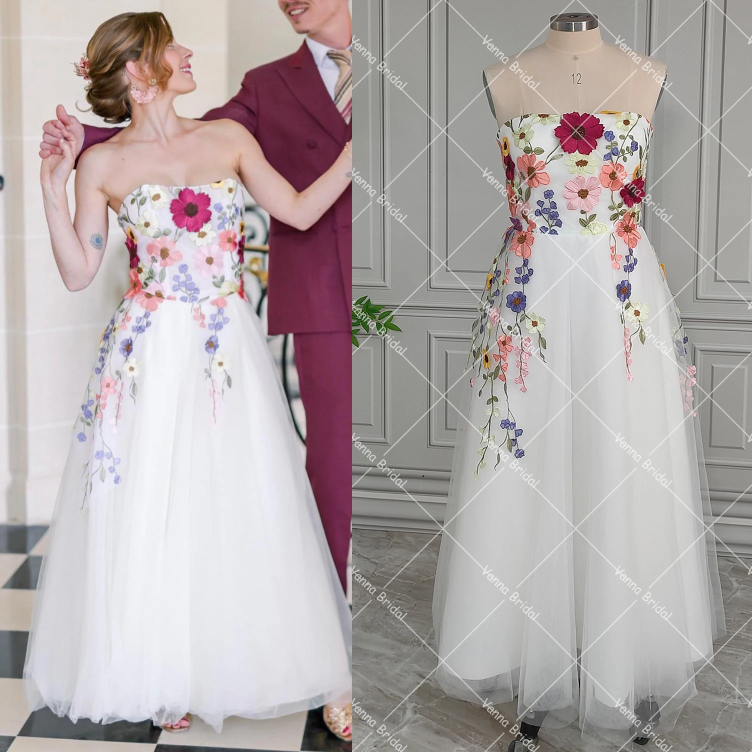 Customized Ankle Length Colorful Flowers Wedding Dress Sweetheart Fairy Pearl Personal Embroidered 3D Bloom Midi Bridal Gowns