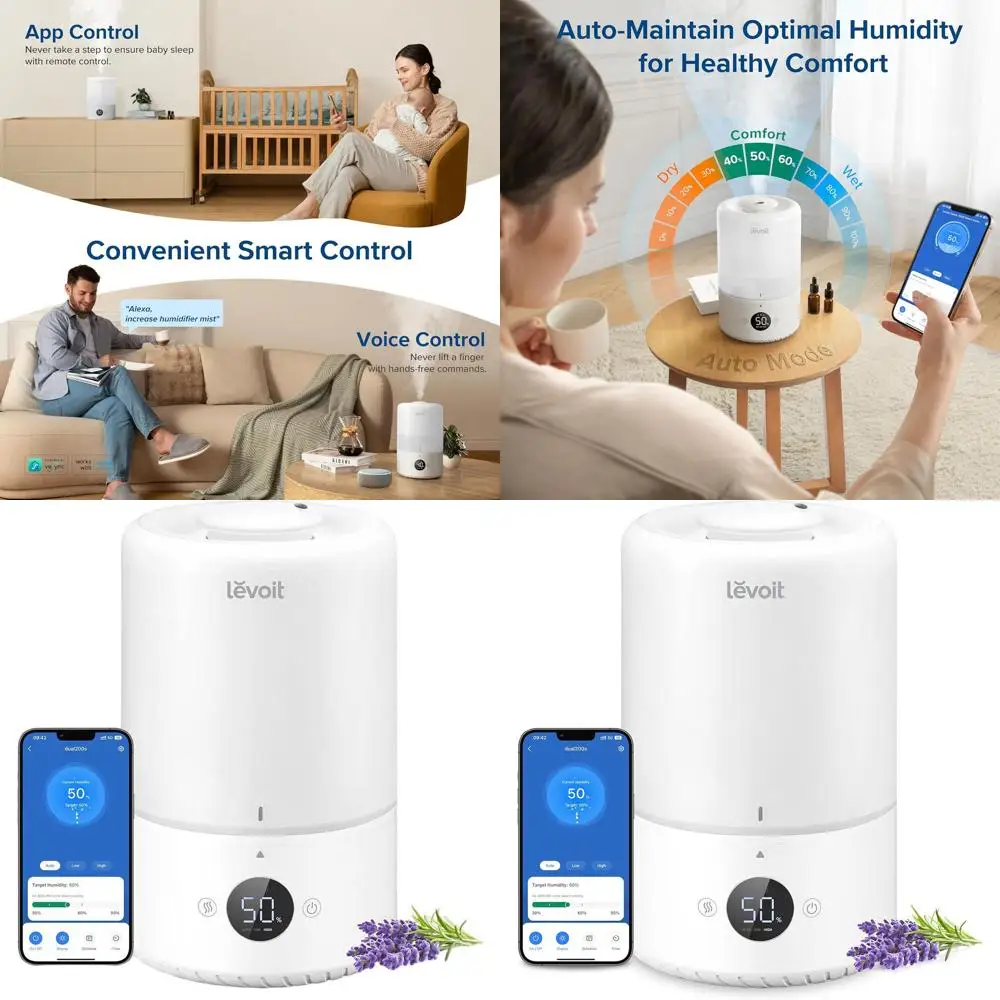 

Увлажнитель воздуха с верхней заливкой и функцией холодного тумана, с датчиком, автоматическим контролем влажности, управлением через приложение/голосом, для эфирных масел, ультратихий, легкая заливка, 3 л, белый