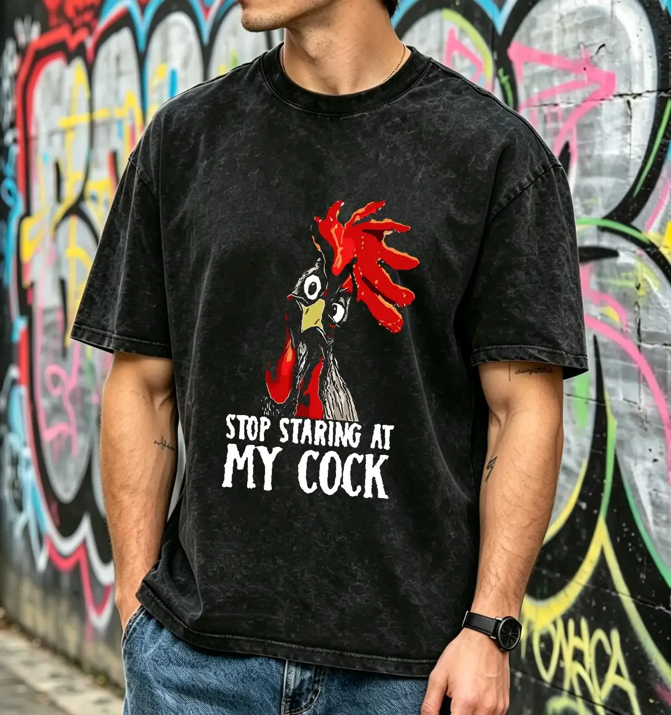 washed T Shirt NEW LIMITED Stop Staring At My Cook Cock Chicken Sarcastic Humour vintage Washed Top For Everyday Wear