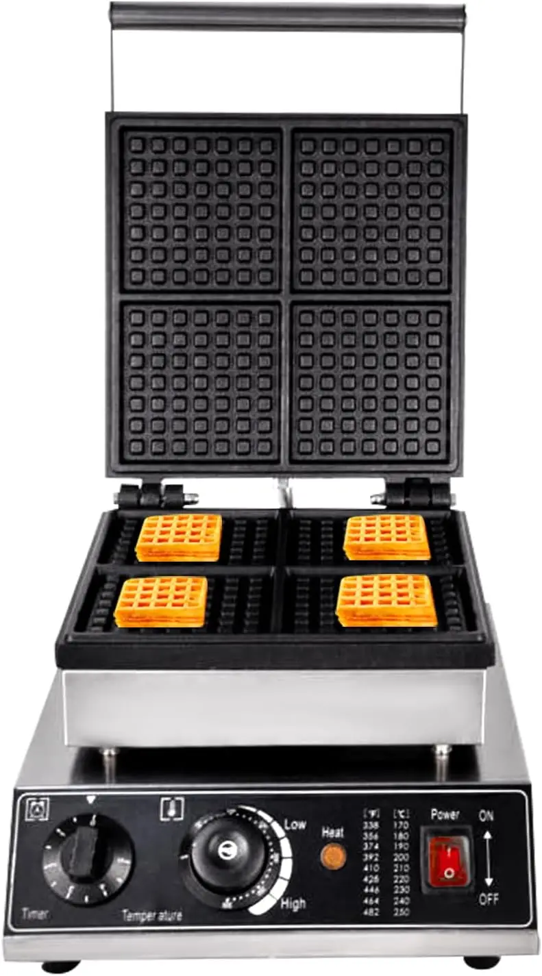 Máquina para hacer gofres comercial de 4 Uds., máquina para hacer muffins antiadherente de acero inoxidable de 1750W, máquina para hacer muffins cuadrada de 110V, Ste eléctrico