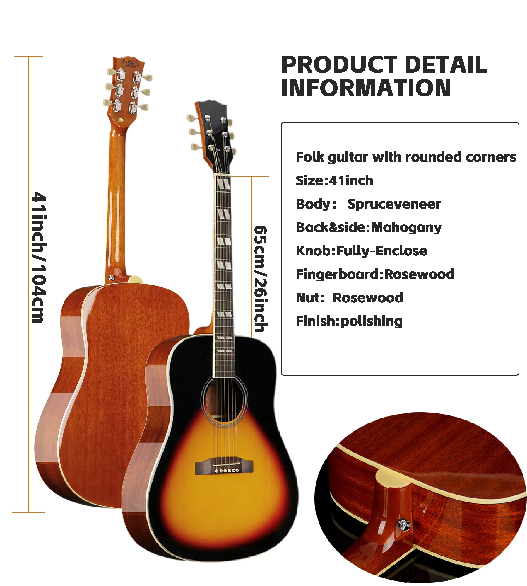 Acoustic Guitar Spruce Sabre Folk Guitar, Rosewood Fingerboard for Beginners, Right Handed Advancement Board, Learning Set, 41in