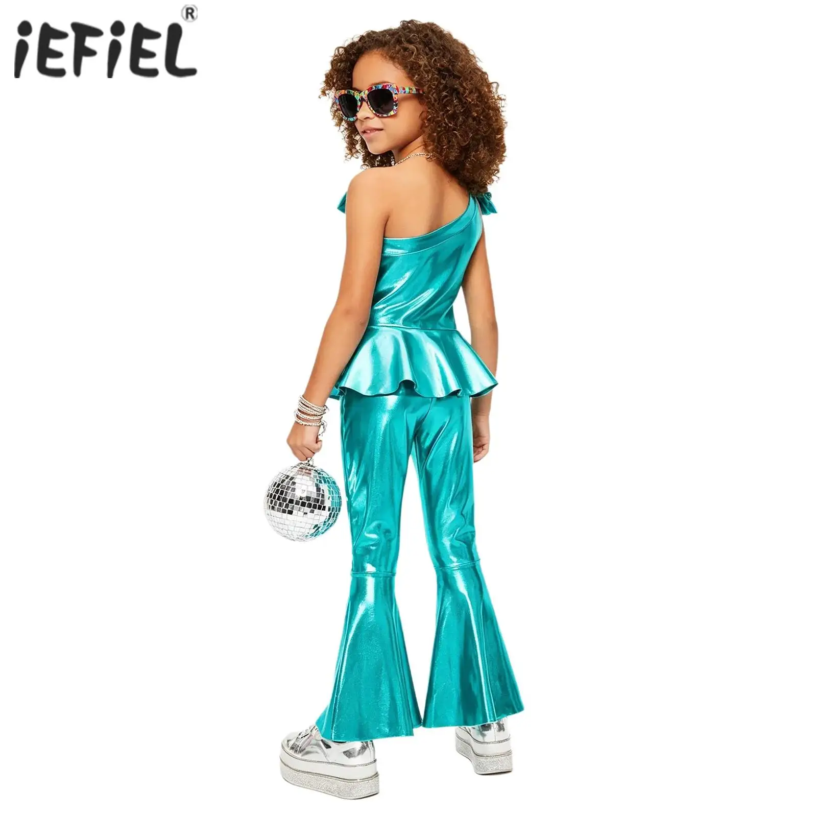 

Kids Girls Decor Ruffle Metallic Flared Pants Jazz Dance Jumpsuit Hip Hop Outfits Disco Hippie Jazz Dance Performance Costume