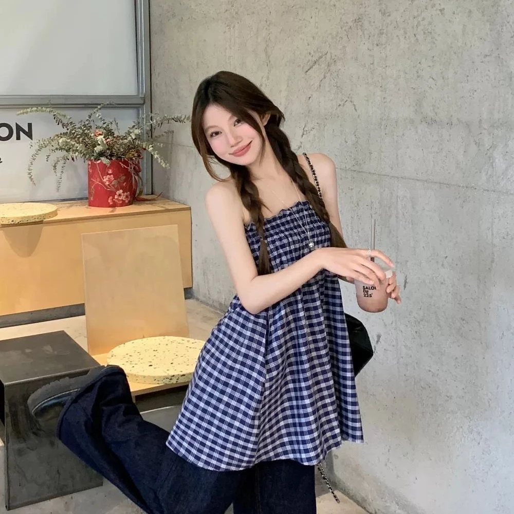 Vestidos sin mangas para mujer, vestido para invitados de boda, otoño, abotonado, cuadros, solapa con paneles, pretina estructurada a cuadros, literario Y2K