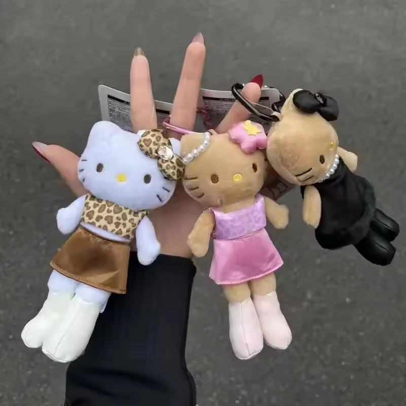 Hot Hello Kitty Keychain Leopard Print Long Legs Plush Doll Kawaii Black Skin Kt Cat Fluffy Stuffed Toy Pendant Birthday Gift