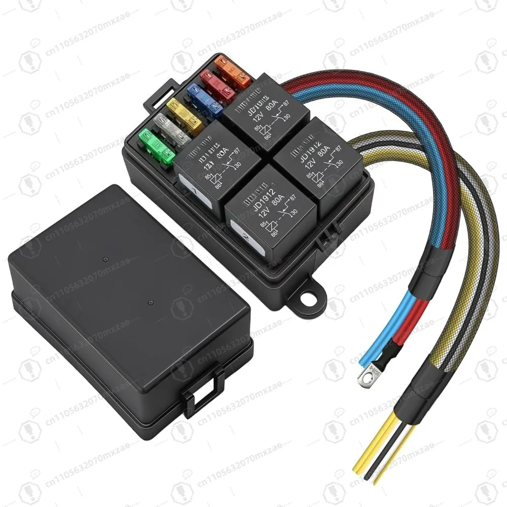 

12V Pre-Wired Fuse Relay Box, 4 Relays and 6 ATC/ATO Blade Fuses, 4-Pin 40A Relay Block and Kit, for Cars Truck Marine Boat Jeep