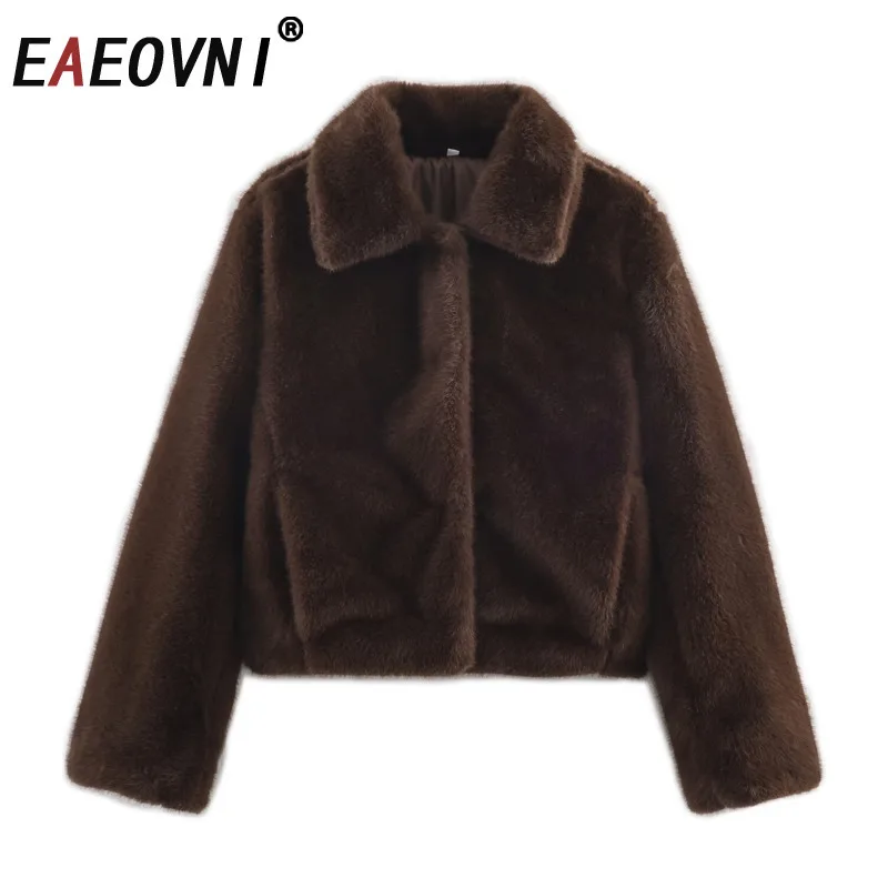 

EAEOVNI Winter Vintage Fur Spliced Jacket Women Lapel Collar Long Sleeve Solid Color Outerwear Coat Streetwear Clothing