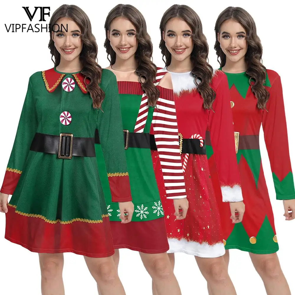 

VIP FASHION Elf Dwarf Cospaly Dresses for Women 3D Printed Christmas Party Dress Fancy Xmas Costume Long Sleeved Holiday Clothes