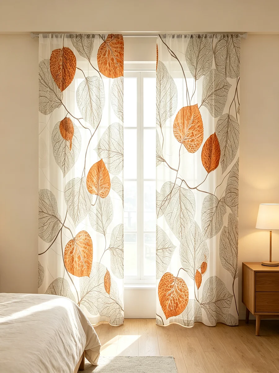 2PCS Digital Print Sheer Curtains, Orange Leaf Vein Botanical Pattern, Autumn Natural Drapes for Living Room Bedroom Decor