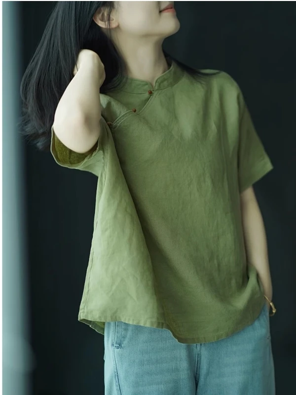 

Casual Loose New Chinese Sle National Retro Linen Button up Stand Collar ort Sve Top Women Summer 2025