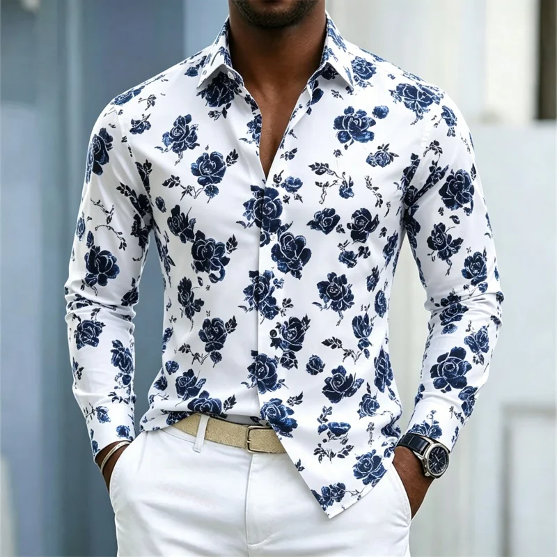 Men's shirt with European and American blue rose print long sleeved shirt, white background rose flower slim casual shirt XS-6XL