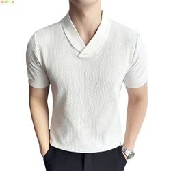 Cuban Collar Knitted Fabric POLO Shirt, Men's Summer Short-sleeved Pullover T-shirt, Shirt White Green Black Men Top M L XL XXXL