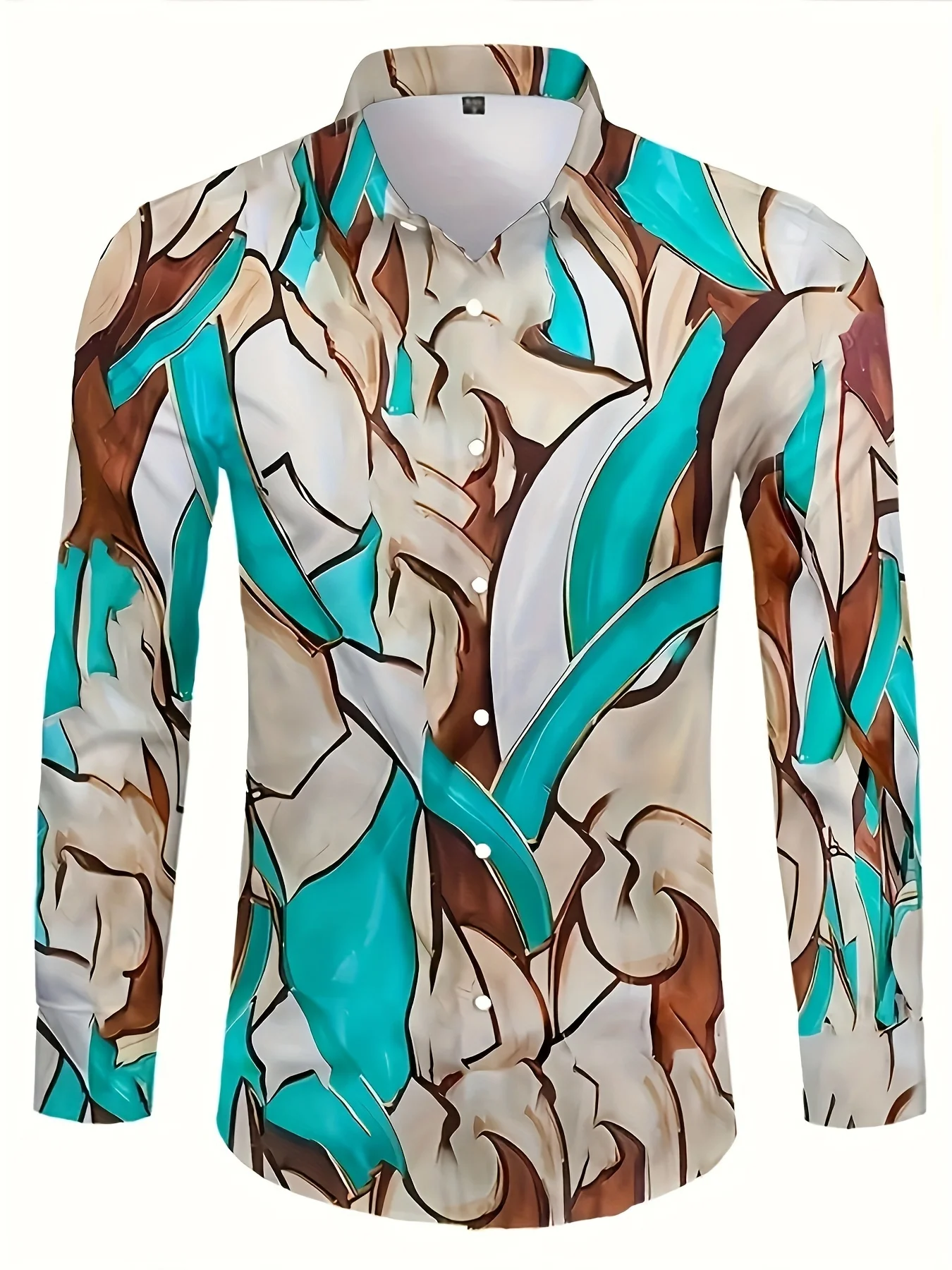  Men's long-sleeved shirts, bold abstract prints - bright colour-block designs, classic peak lapels and button-down plackets,