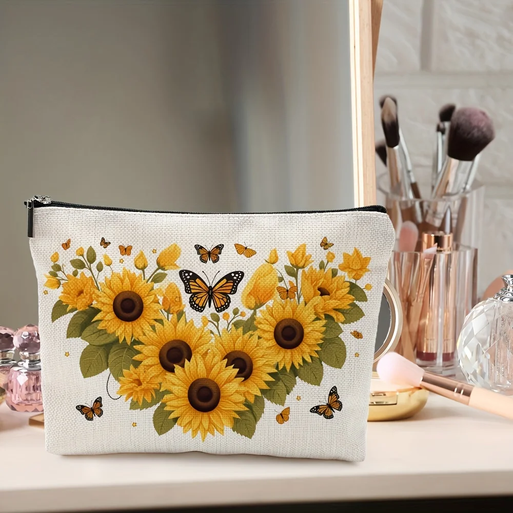 Sunflower & Butterfly Cosmetic Bag - Versatile Toiletry Organizer - Ideal Friendship/Valentine\'s Day Gift - Secure Zip Closure