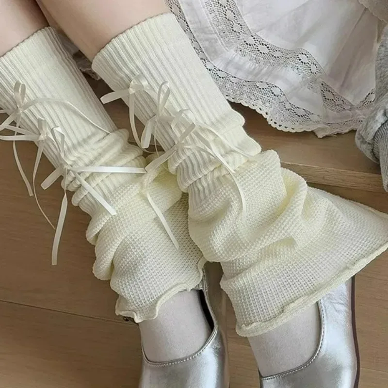 2025 novo outono japonês lolita arco fita perna mais quente feminino pé calcanhar quente de malha joelho alta meias longas moda bota capa meias