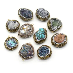 1pc Natural Stone Blue Druzy Quartz Pendant Raw Stone Crystal Agates Rhinestone Connector Charms for DIY Necklace Bracelet Gift