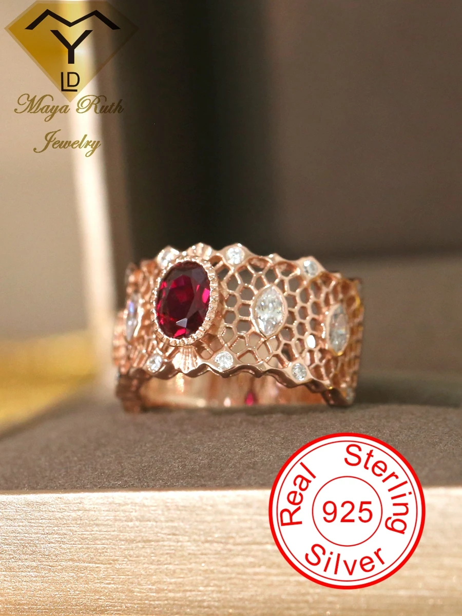 

Created Ruby Red Gemstone Real 925 Sterling Silver Cocktail Luxury Ring For Women Vintage Aesthetic French retro Style Trend New