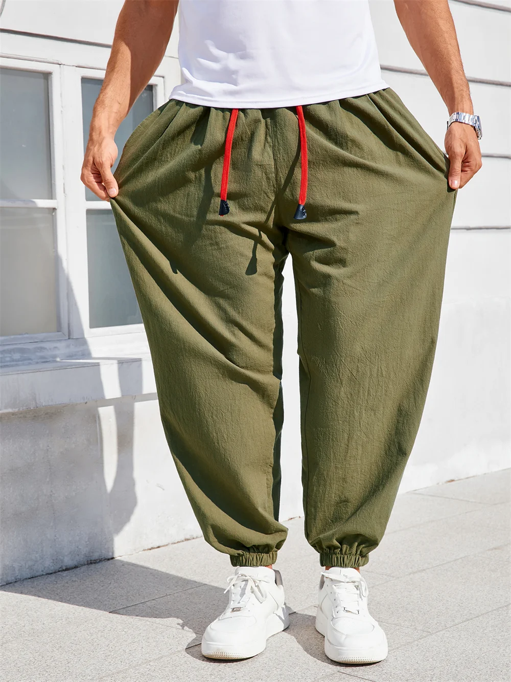 Herren-Haremshose, lockere Passform, chinesischer Stil, Baumwolle, Leinen, einfarbig, gemütliche Jogginghose, Jogger, hochwertige männliche Freizeithose – Detail 5