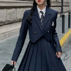 MAGOGO College Student JK Strap Pleated Dress Fashion Japanese New Navy Blue Dress Suit With Tie Shirt And Coat Women's Dress