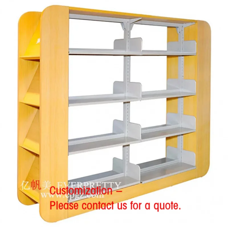 custom.School Library Furniture Wooden Metal Storage 4 Layer Double Side Adjustable Book Shelf with Side Bracket