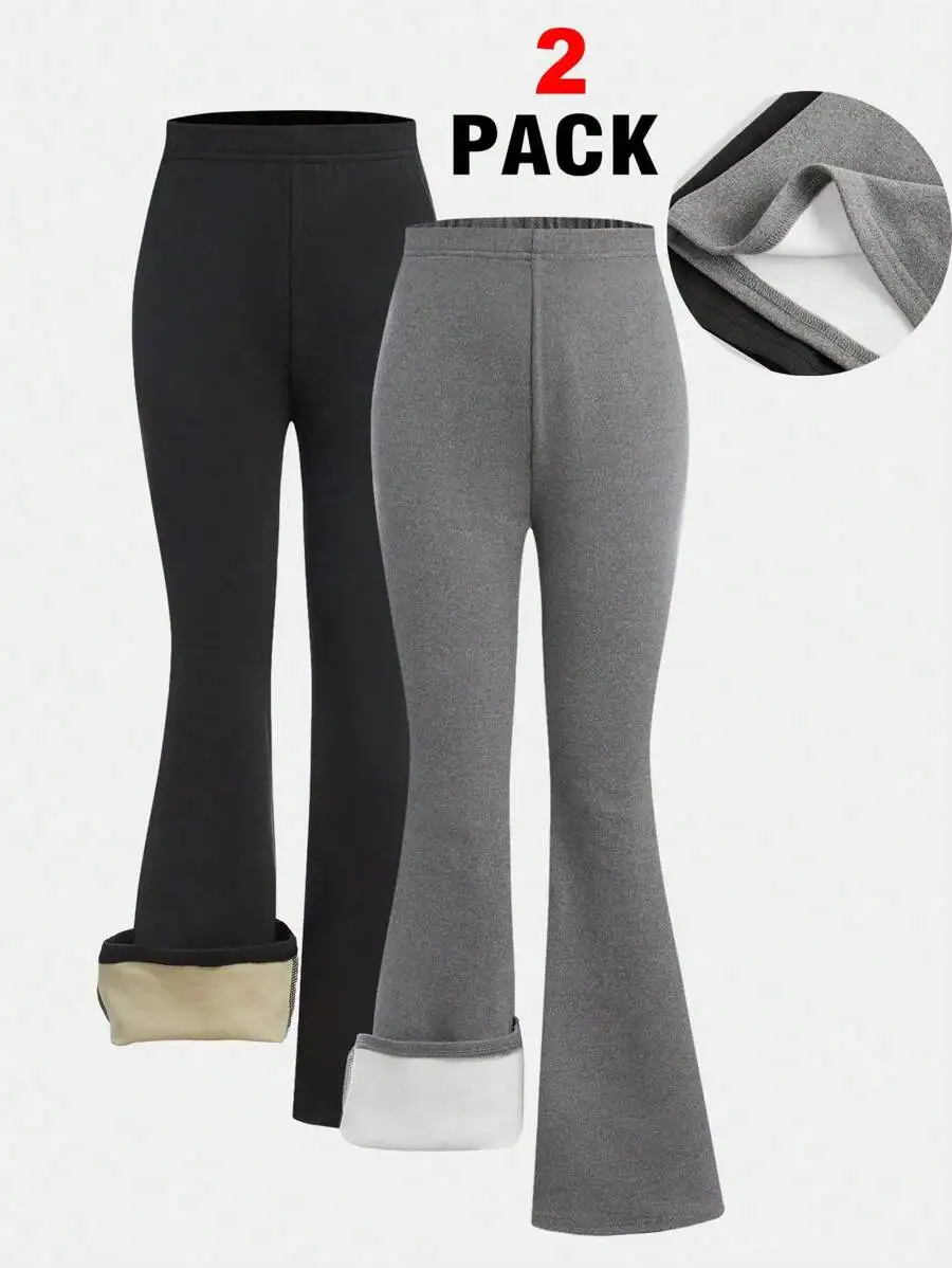 

Комплект из 2-х леггинсов с высокой талией, расклешенными штанинами и флисовой подкладкой для девочек, черный и серый цвета