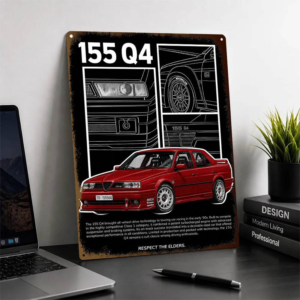 Italy 155 Q4 Red Sports Sedan Textured Poster Personalized Aluminum Metal Sign Track Culture Style Wall Art Perfect For Office