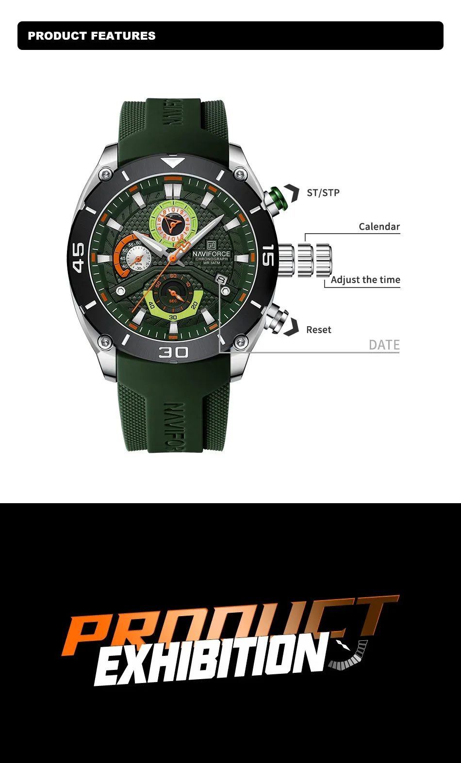 NAVIFORCE NF8038 Watch for Men Sport Waterproof Quartz Chronograph Military Clock With Luminous Wristwatch