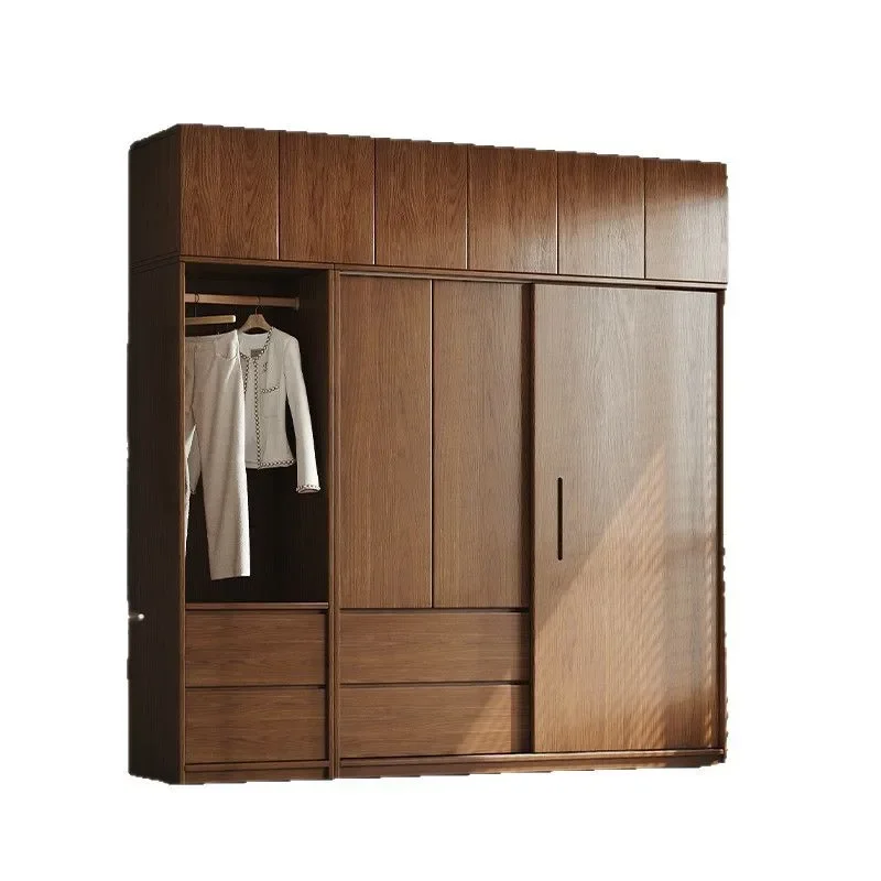 Solid wood oak sliding door wardrobe, home bedroom walnut modern minimalist wardrobe sliding door
