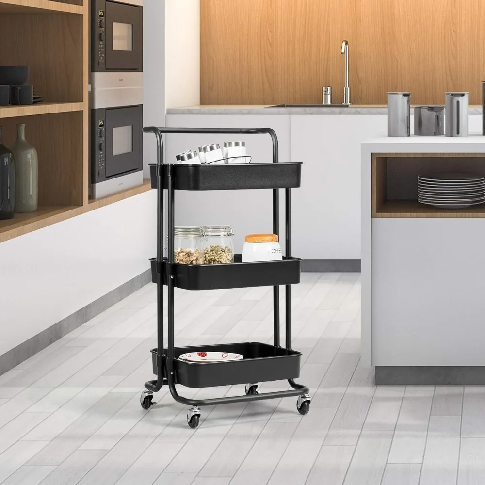 عربة أدوات دوارة من 3 طبقات مع عجلات قابلة للقفل، منظم تخزين متنقل لمكتب المطبخ والحمام، أسود #2