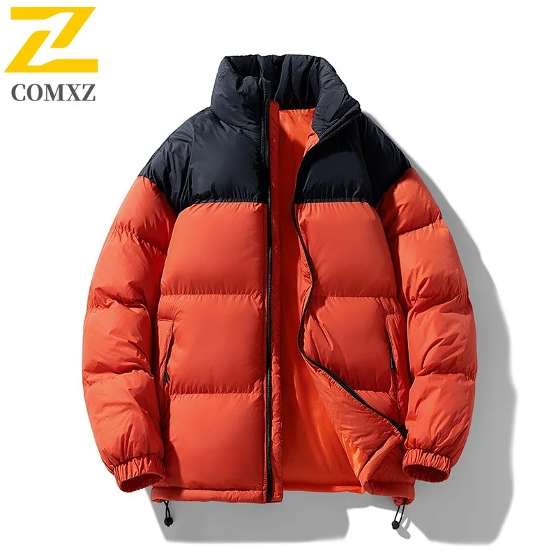COMXZ 2025 Mens Autumn Stand Collar Jacket American Style Casual Plus Size Outdoor Sports Windproof Down Cotton Padded Coat