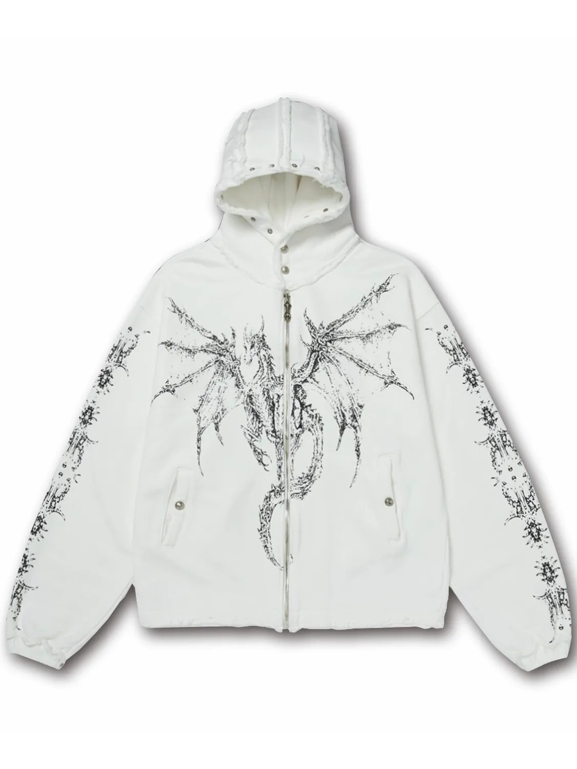 

Heavyweight Dragon Bone Devil Print Rivet Weathered Loose Long Sve Zipper Hoodie Jaet Youth k Sle Versatile Outerwear