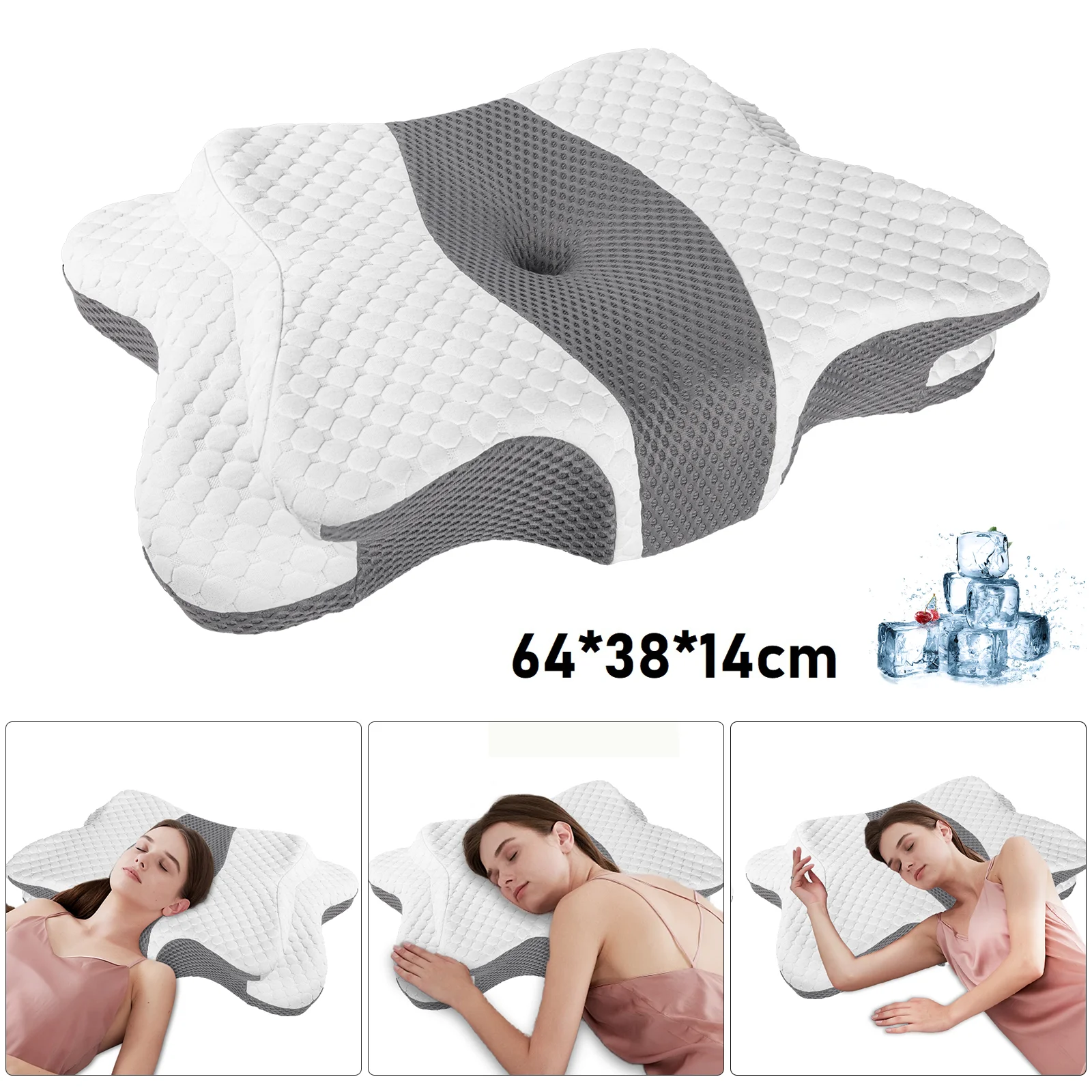 Almohada Cervical de Espuma Viscoelástica Butterfly, Almohada Ergonómica para Dormir de Lado y Boca Arriba, Almohada de Rebote Lento con Funda Transpirable